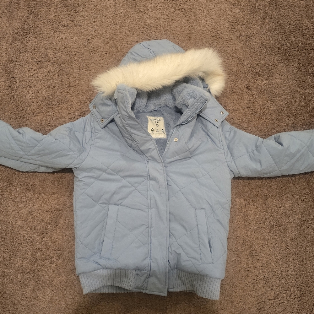 Abercrombie Kids Sky Blue Puffer Jacket with Faux Fur Hood